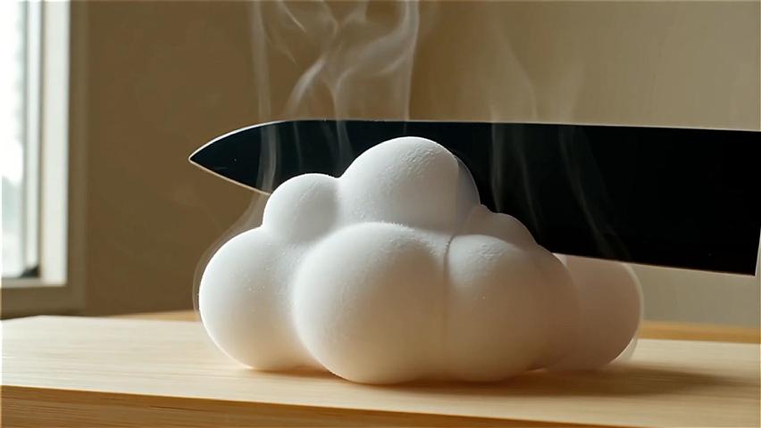 A black knife advances from right to left, cutting into a white fluffy cloud-like object placed on a light wooden cutting board. Upon contact, the cloud deforms, surface cracks, parts are severed and displaced. Light smoke continuously releases from the cloud edges drifting upward. After completing the cut, the knife stops, the cloud is divided into two parts with one side collapsing. The process is accompanied by a slight "hiss" sound and the airflow sound of dry ice sublimation.