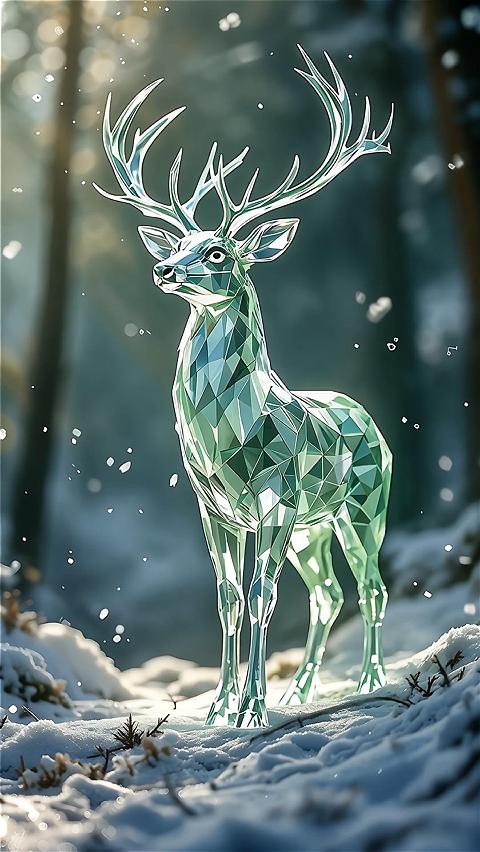 A crystal deer leisurely running toward the colorful dawn in the snow.