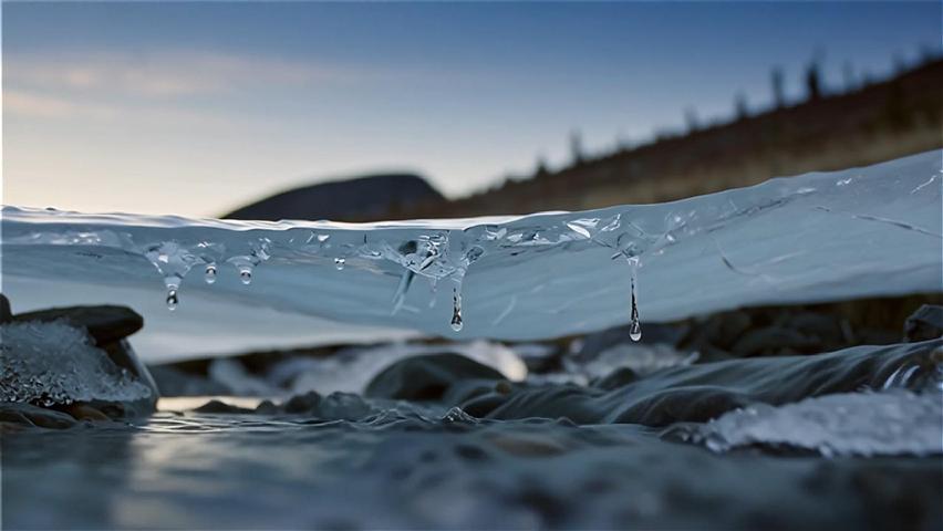 Fixed camera recording ice and snow melting scene. Ice edges continuously melt, water drops intermittently fall from the top of ice blocks into the flowing water below, creating small splashes. Water flows slowly between ice layers, surface ripples gently. Fine cracks appear inside ice layers, accompanied by crisp sounds. Dripping sounds and ice cracking sounds alternate, background features the quiet and cold morning ambient sound, including distant faint wind sounds and natural spacious echo.