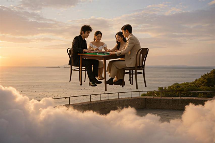 Four people playing mahjong while the mahjong table flies into the air with them.