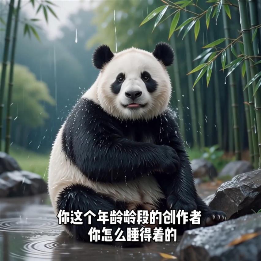 A giant panda sitting with arms crossed, head slightly turning left and right, eyes shifting accordingly, lips opening and closing, speaking Chinese dialogue: "Everyone online is updating to the latest Tongyi Wanxiang model, at your age as a creator, how can you sleep?" Rain continues to fall, hitting the fur and ground. Head and mouth movements match the speech rhythm.