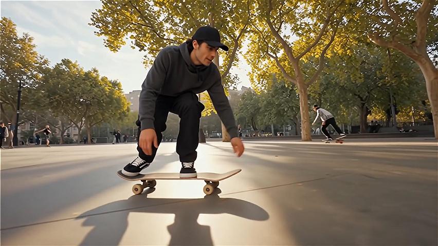 Low-angle shot, panoramic view, daylight, sunny lighting, side lighting, warm tones, center composition. A foreign man in his twenties skateboarding in a city park concrete plaza. He has a muscular build, short dark hair hidden under a black baseball cap, wearing a dark gray hoodie and black cargo pants, with black and white sneakers. The camera captures from a low angle, highlighting the tension of his aerial movements. He accelerates forward on the skateboard, leaning forward with arms naturally spread for balance; then suddenly leaps up, lightly kicks the tail with his right foot, the skateboard completes a 180-degree flip in the air, he quickly presses down to catch the board, both feet land precisely back on the deck, steadily landing and continuing to glide forward. In the background, two or three skateboarders glide and shuttle in the distance, sycamore leaves sway gently in the breeze, sunlight filters through the gaps between leaves casting dappled shadows on the ground and skateboard wheel tracks. Accompanied by rhythmic urban electronic music, background sounds include the rustling of wheels against the ground and distant conversations. The man lightly hums "Yeah" upon landing.