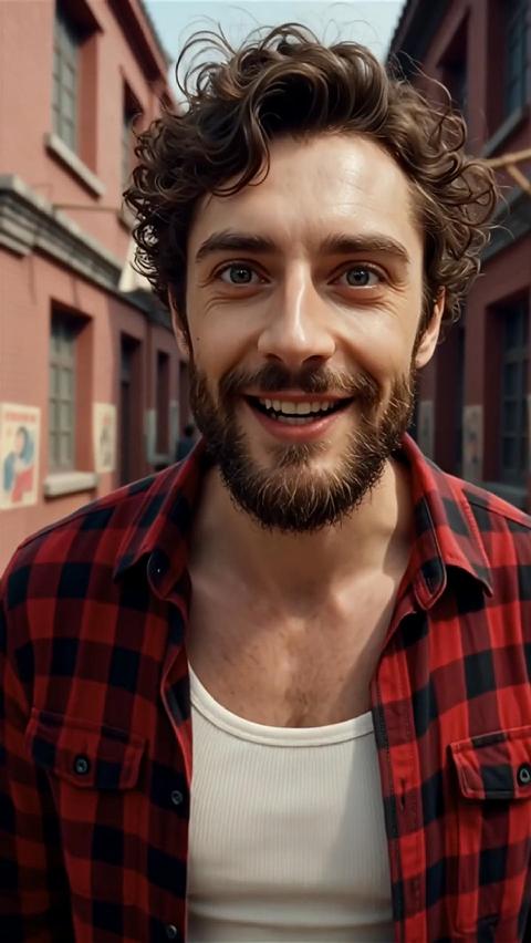 A curly-haired foreign man stands on a Chinese retro street, wearing a plaid shirt and ripped jeans, facing the camera. He begins to speak, lips moving, facial expressions changing, saying in sequence: "Hello everyone, I am Xiao Wang. I have used many AIs, but for video generation I only use Tongyi Wanxiang. Brothers, let's create videos together." In the background, a cyclist quickly enters from the left side of the frame, moves to the right and disappears outside the frame. The camera is fixed, focusing on the main character.